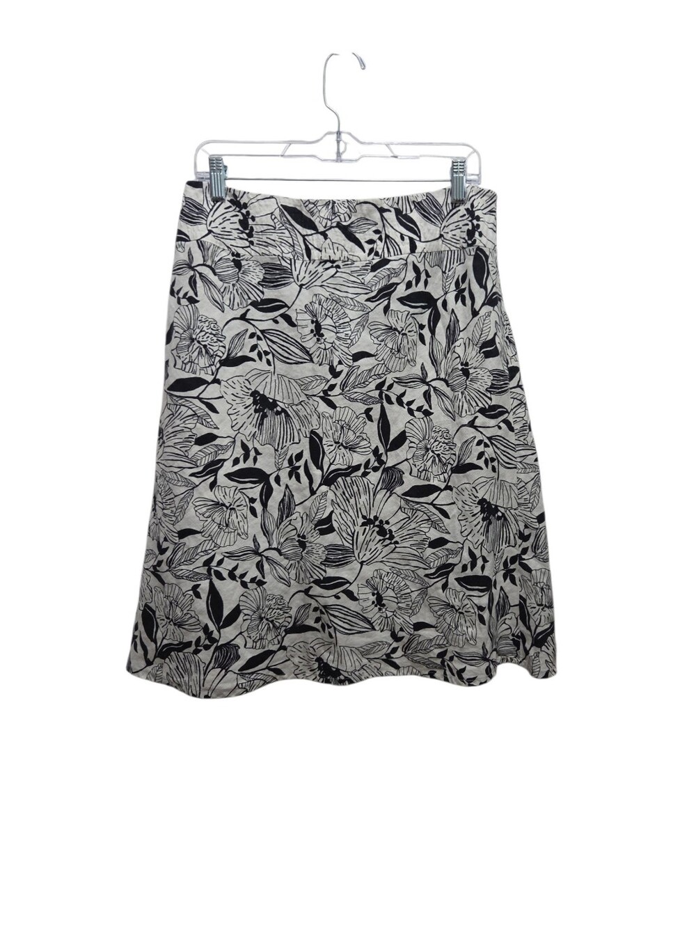 Style & Co 100% Linen Floral A-Line Skirt Size 8 Black White Lined Midi Skirt